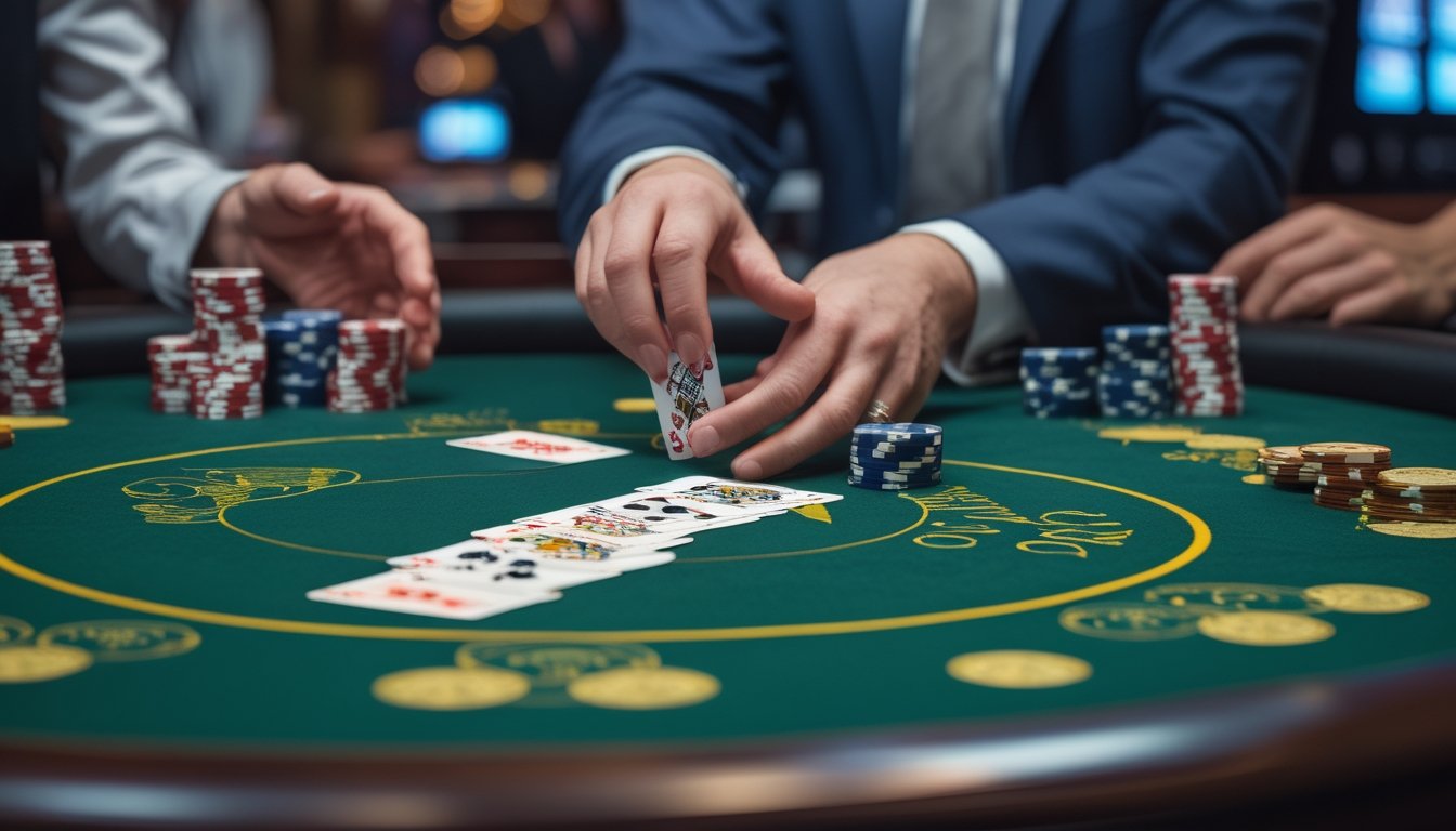 Meja blackjack Vegas Strip dengan dealer membagikan kartu kepada pemain di kasino.
