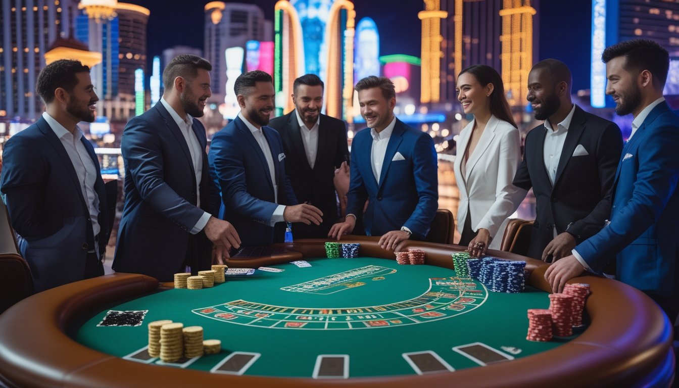 Meja blackjack di kasino dengan pemain dan dealer, latar belakang lampu terang Las Vegas Strip di malam hari.