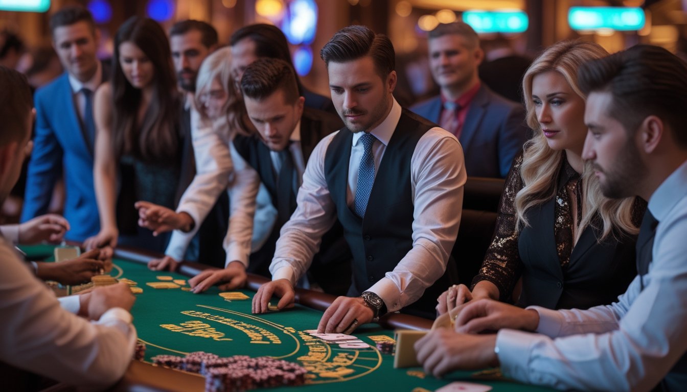 Meja blackjack di kasino Vegas Strip dengan pemain dan dealer yang sedang bermain.
