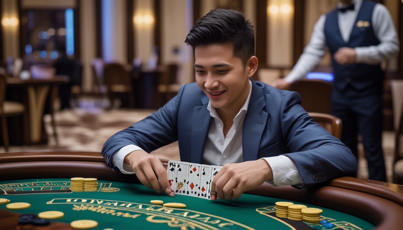 Seorang pemain pemula sedang melakukan gerakan squeeze pada permainan Bandar Baccarat di meja kasino dengan dealer di latar belakang.