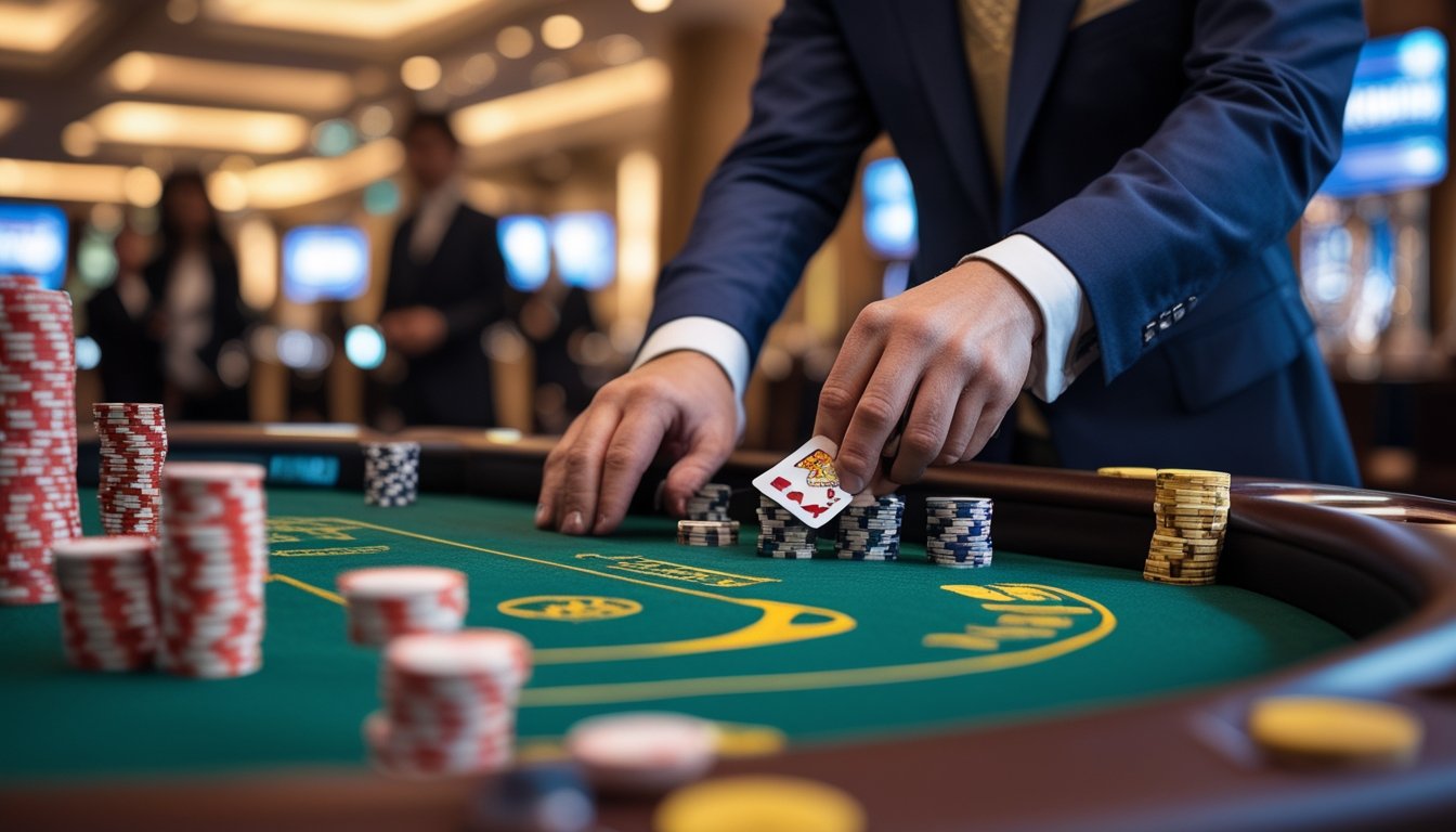 Seorang dealer kasino yang rapi sedang membuka kartu secara perlahan di meja baccarat dengan pemain yang memperhatikan.