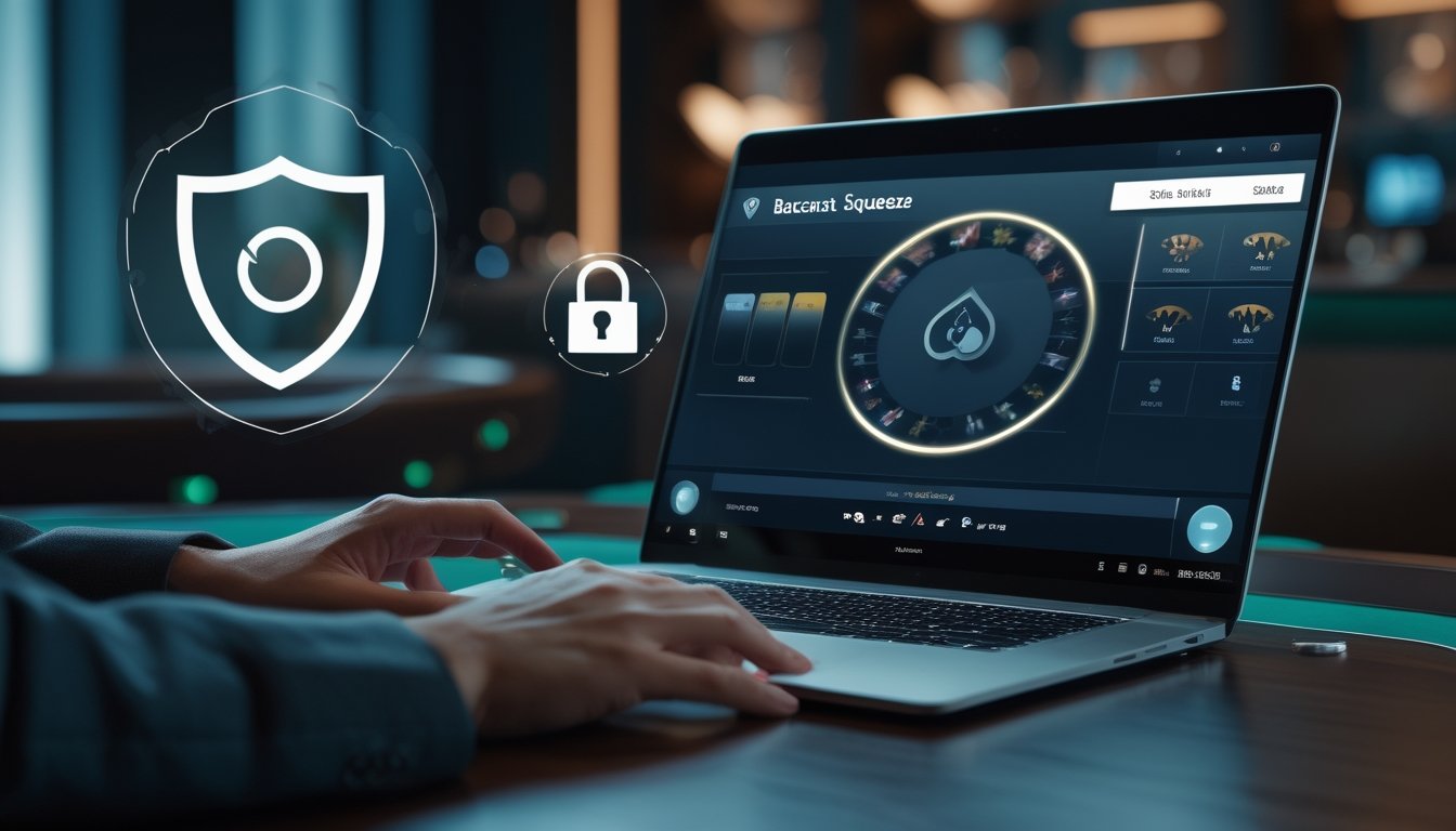 Seseorang menggunakan laptop dengan permainan baccarat online di layar, di meja kayu dengan pencahayaan hangat.