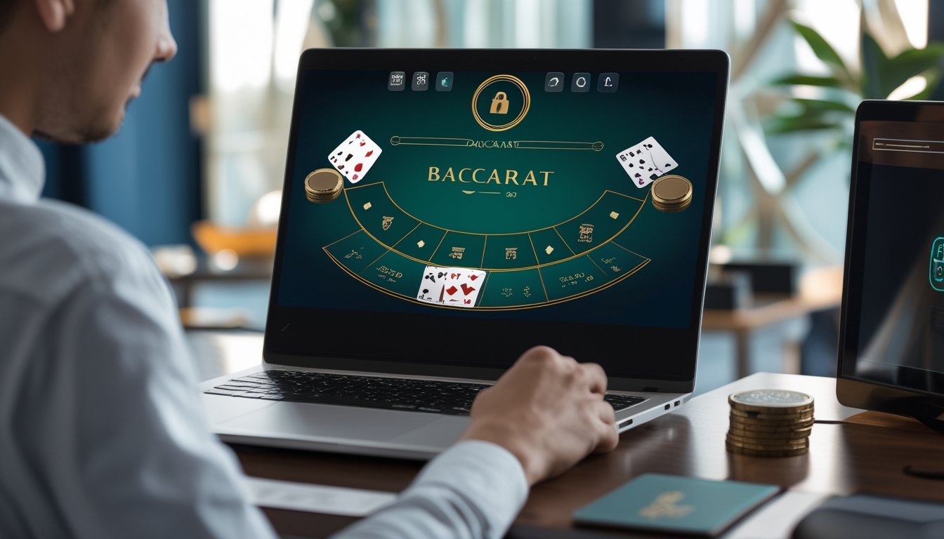 Sebuah layar komputer menampilkan permainan baccarat online dengan suasana ruang kerja yang rapi dan pencahayaan terang.