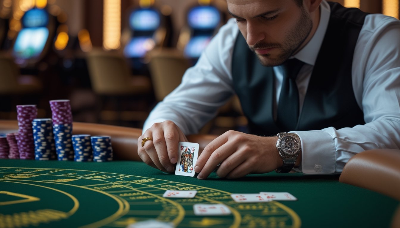 Seorang pemain di meja baccarat sedang melakukan gerakan squeeze kartu dengan fokus di kasino yang mewah.