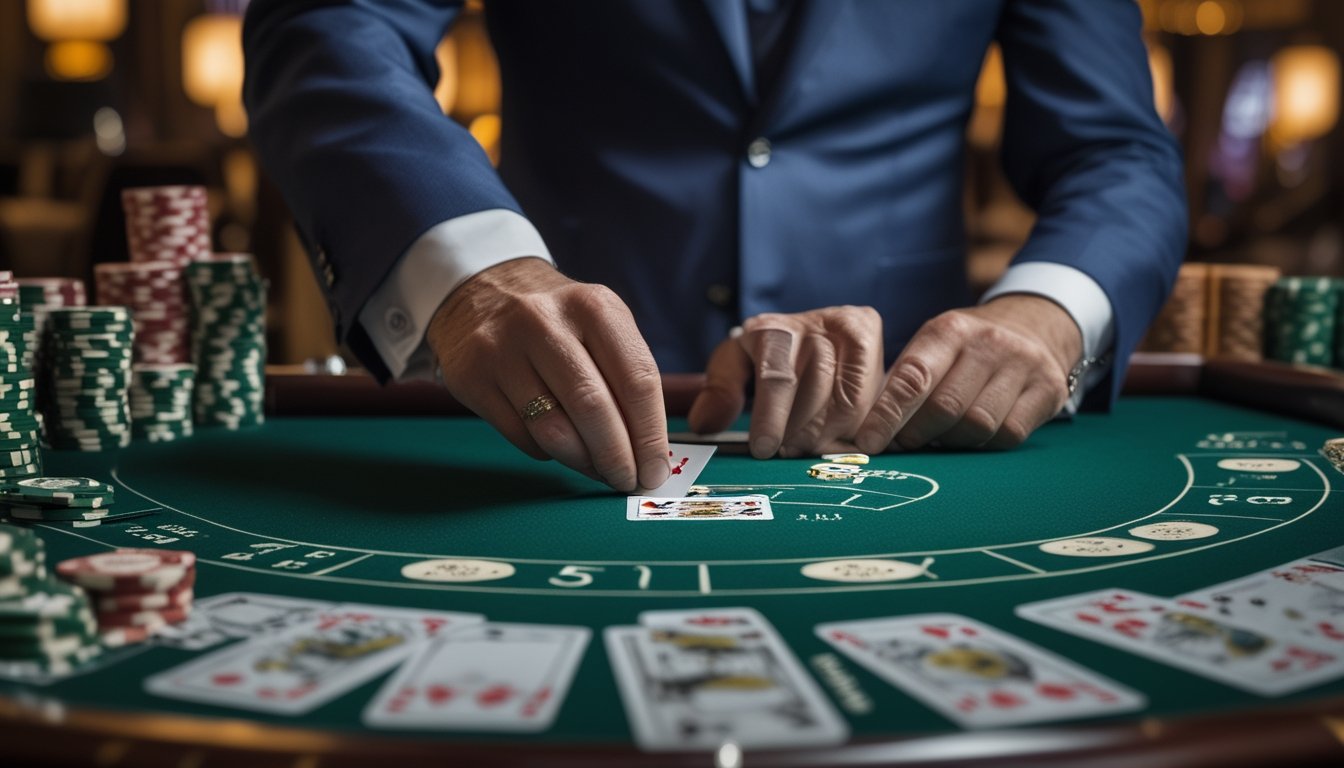 Seorang dealer di meja kasino sedang membuka kartu dalam permainan Baccarat Squeeze dengan suasana mewah dan chip berjajar di meja.