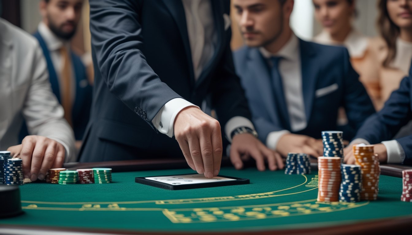 Seorang dealer kartu sedang melakukan gerakan squeeze pada meja baccarat di kasino dengan beberapa pemain memperhatikan.