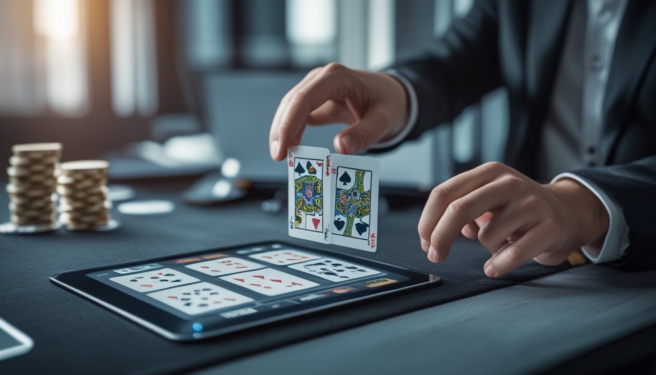 Tangan seseorang sedang membuka kartu baccarat secara perlahan pada layar perangkat digital di ruangan modern dengan pencahayaan terang.