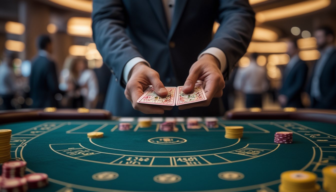 Seorang dealer kasino yang rapi sedang menangani kartu baccarat di meja permainan dengan suasana mewah dan pemain yang memperhatikan.