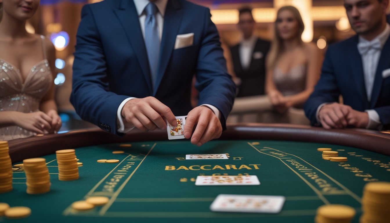 Seorang dealer berjubah rapi sedang melakukan teknik squeeze pada kartu baccarat di meja kasino dengan pemain yang memperhatikan di sekitarnya.