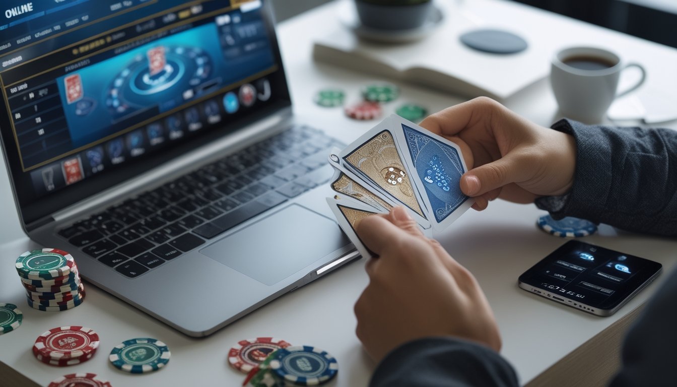 Seorang pemain sedang memainkan baccarat online dengan kartu yang sedang disqueeze di depan laptop dan beberapa chip poker di meja.