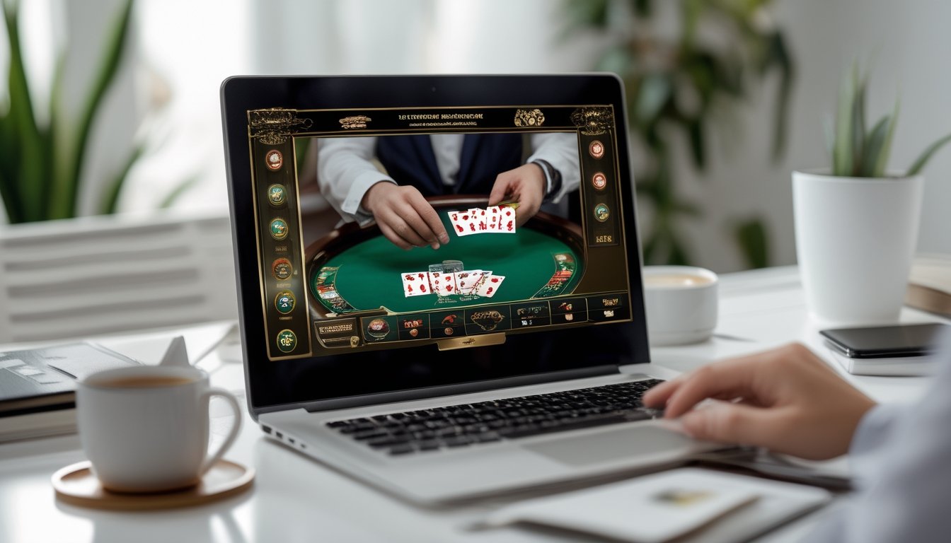 Seorang pemain menggunakan laptop di meja kerja yang rapi, menampilkan permainan baccarat online dengan kartu yang sedang disqueeze.