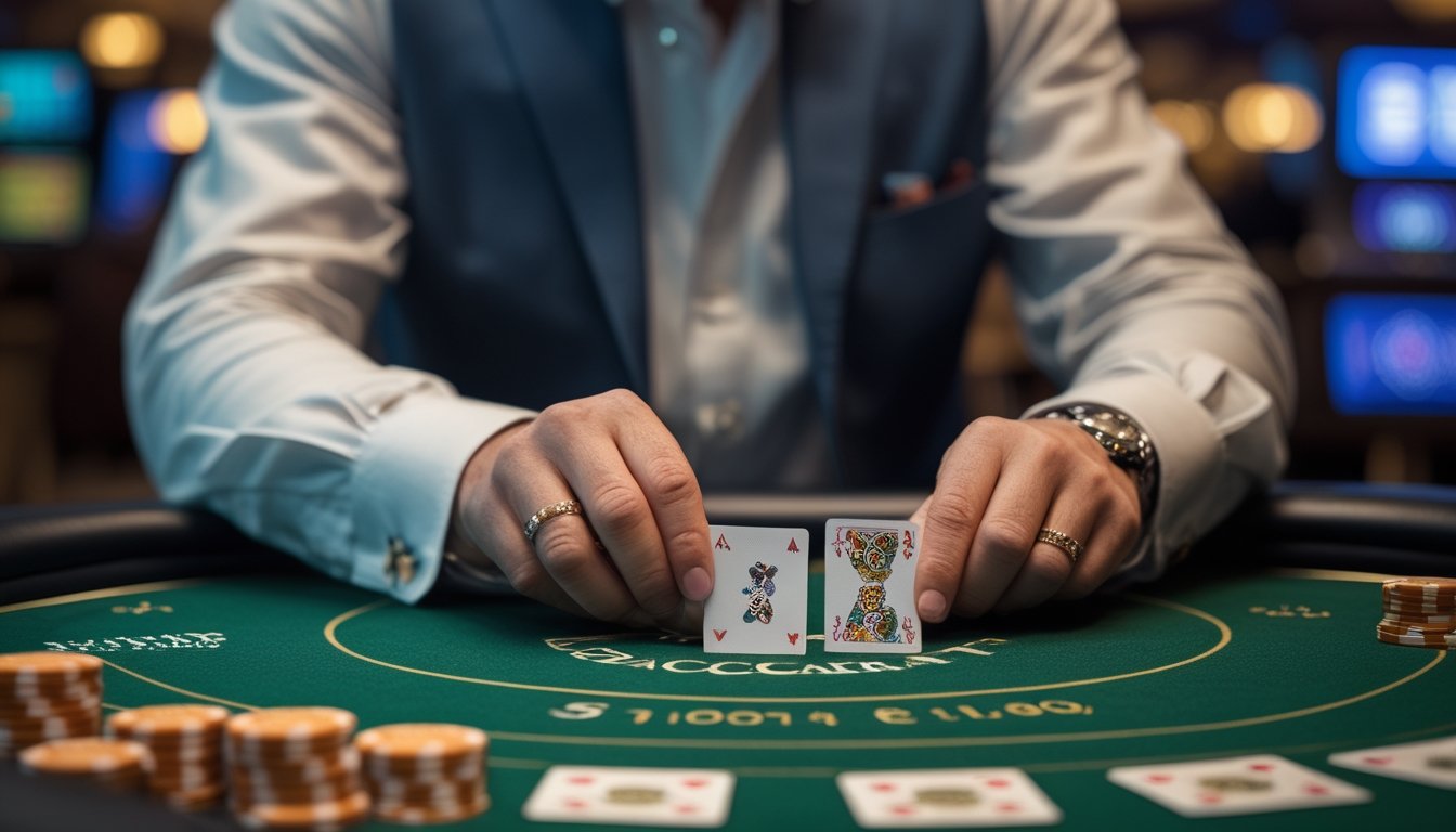 Seorang pemain baccarat berpengalaman sedang memainkan kartu di meja kasino dengan dealer di belakangnya.