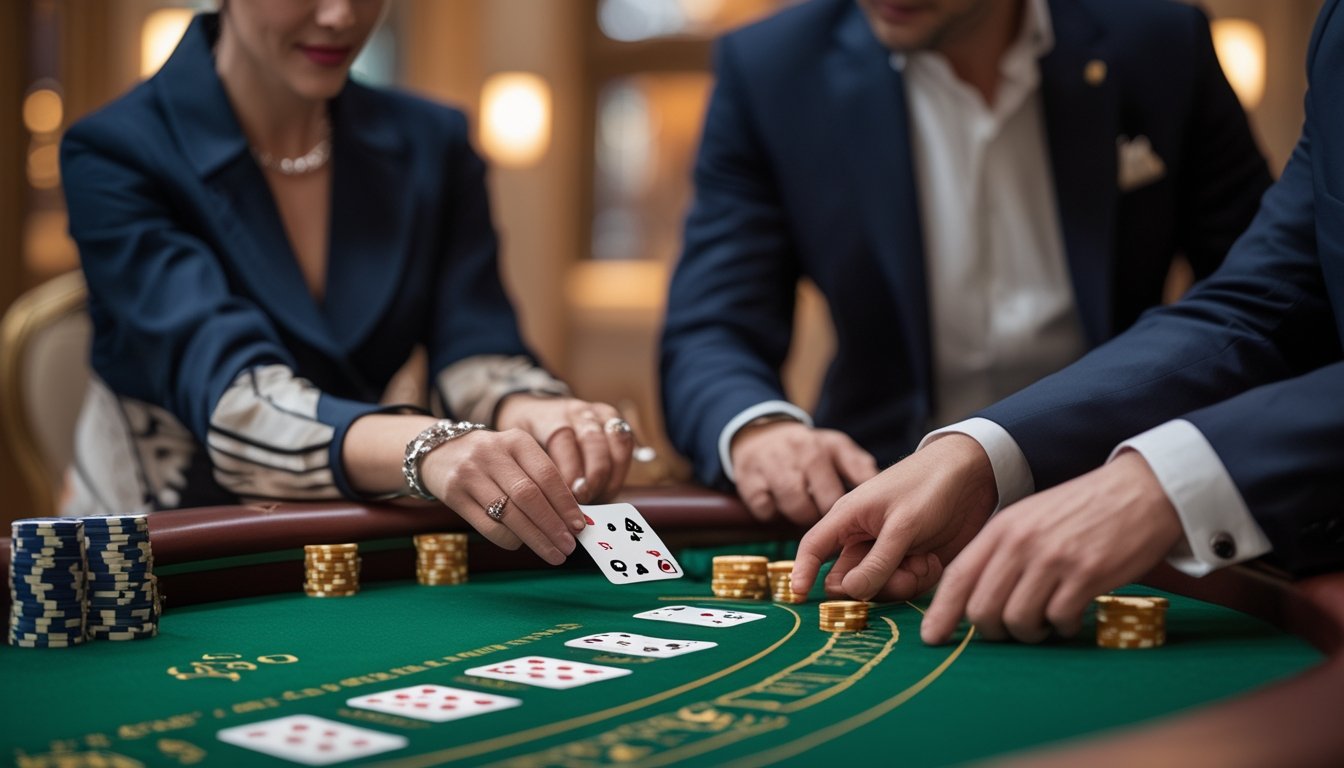 Meja baccarat dengan kartu yang sedang ditekan oleh pemain dalam suasana kasino mewah.