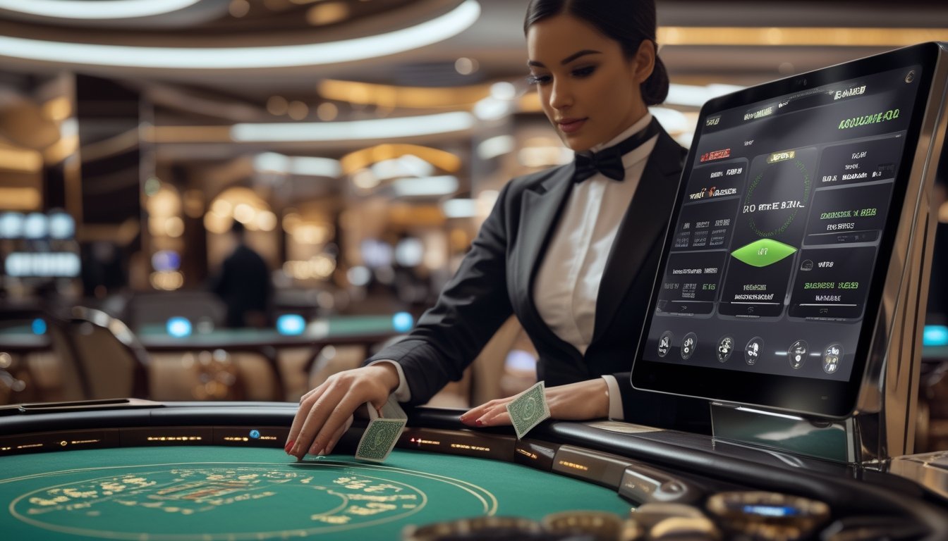 Seorang dealer langsung sedang melakukan gerakan squeeze kartu baccarat di meja kasino dengan tampilan digital real-time.