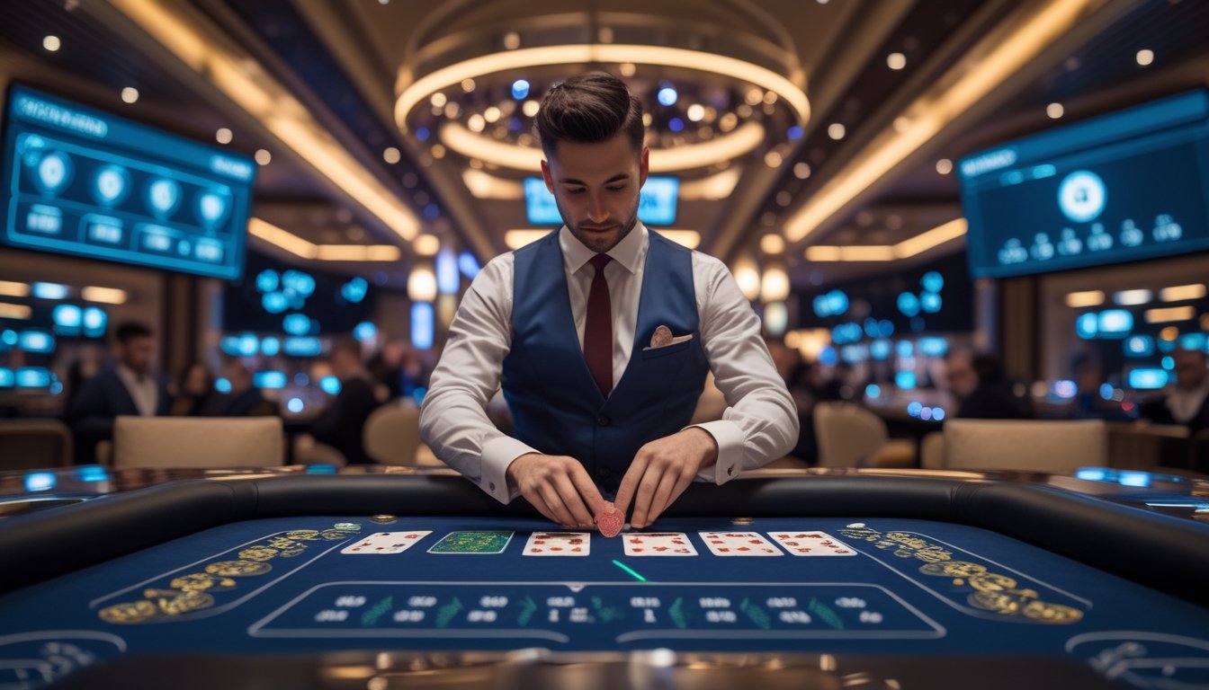 Seorang dealer sedang melakukan teknik baccarat squeeze di meja permainan baccarat dengan layar tampilan real-time di latar belakang.