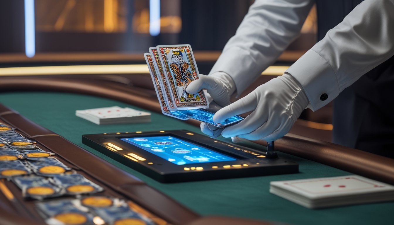 Seorang dealer membuka kartu baccarat secara perlahan di meja kasino modern dengan tampilan digital dan pencahayaan mewah.