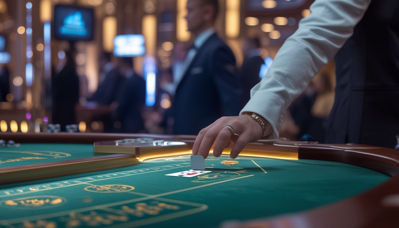 Seorang dealer sedang melakukan teknik Baccarat Squeeze di meja kasino dengan peralatan teknologi modern dan suasana kasino yang elegan.