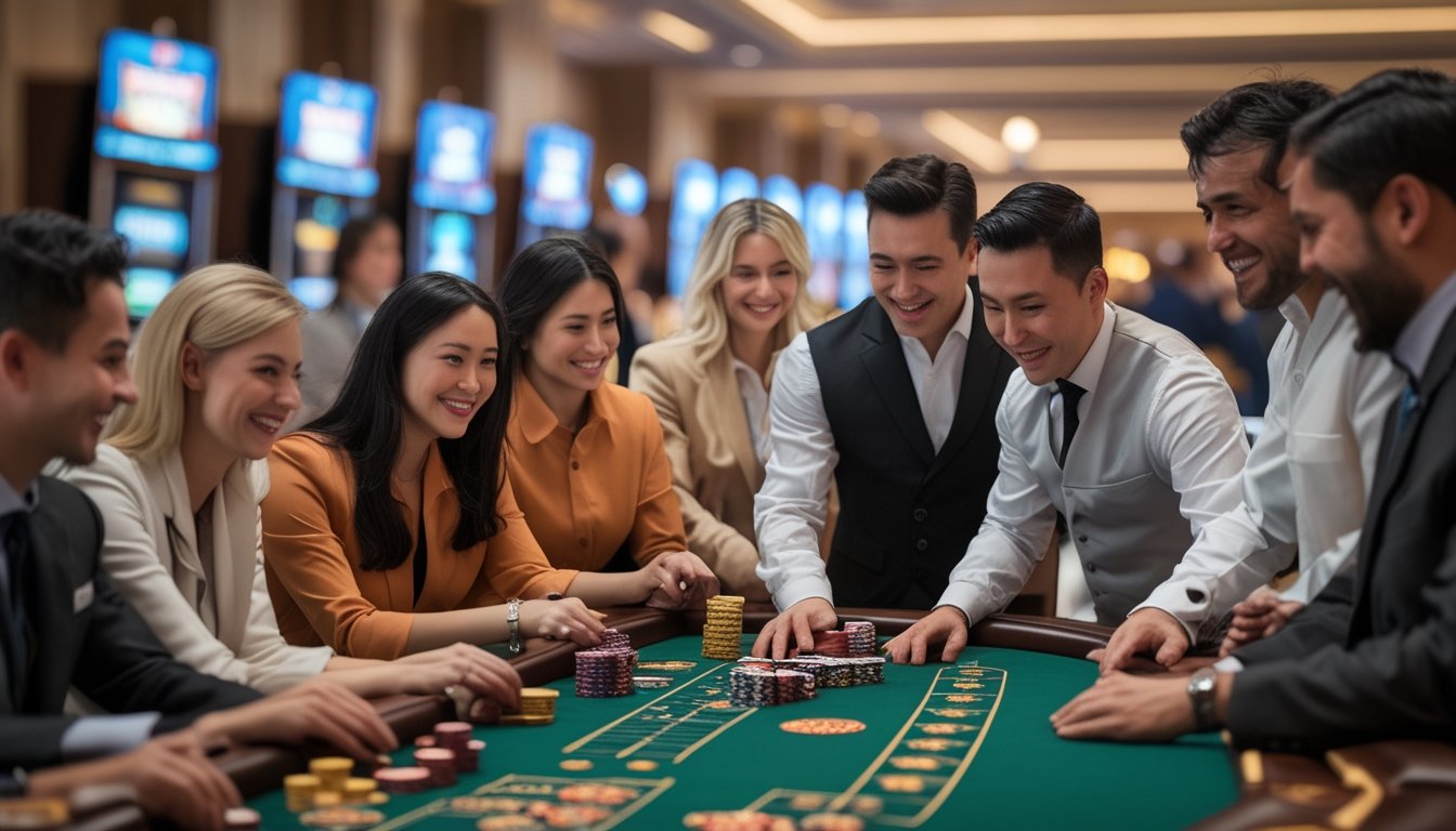 Sekelompok pemain baru berkumpul di meja baccarat dengan dealer profesional di kasino yang terang dan elegan.