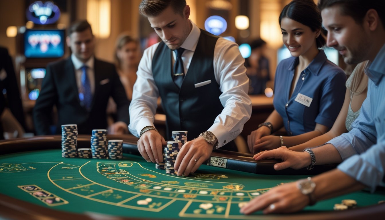 Seorang dealer di meja baccarat sedang membuka kartu perlahan di depan beberapa pemain baru yang memperhatikan dengan antusias.