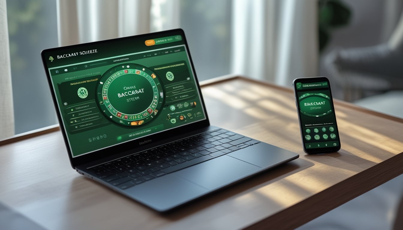 Layar laptop dan ponsel menampilkan permainan baccarat online dengan sistem permainan yang mudah dipahami di atas meja kayu di ruangan nyaman.
