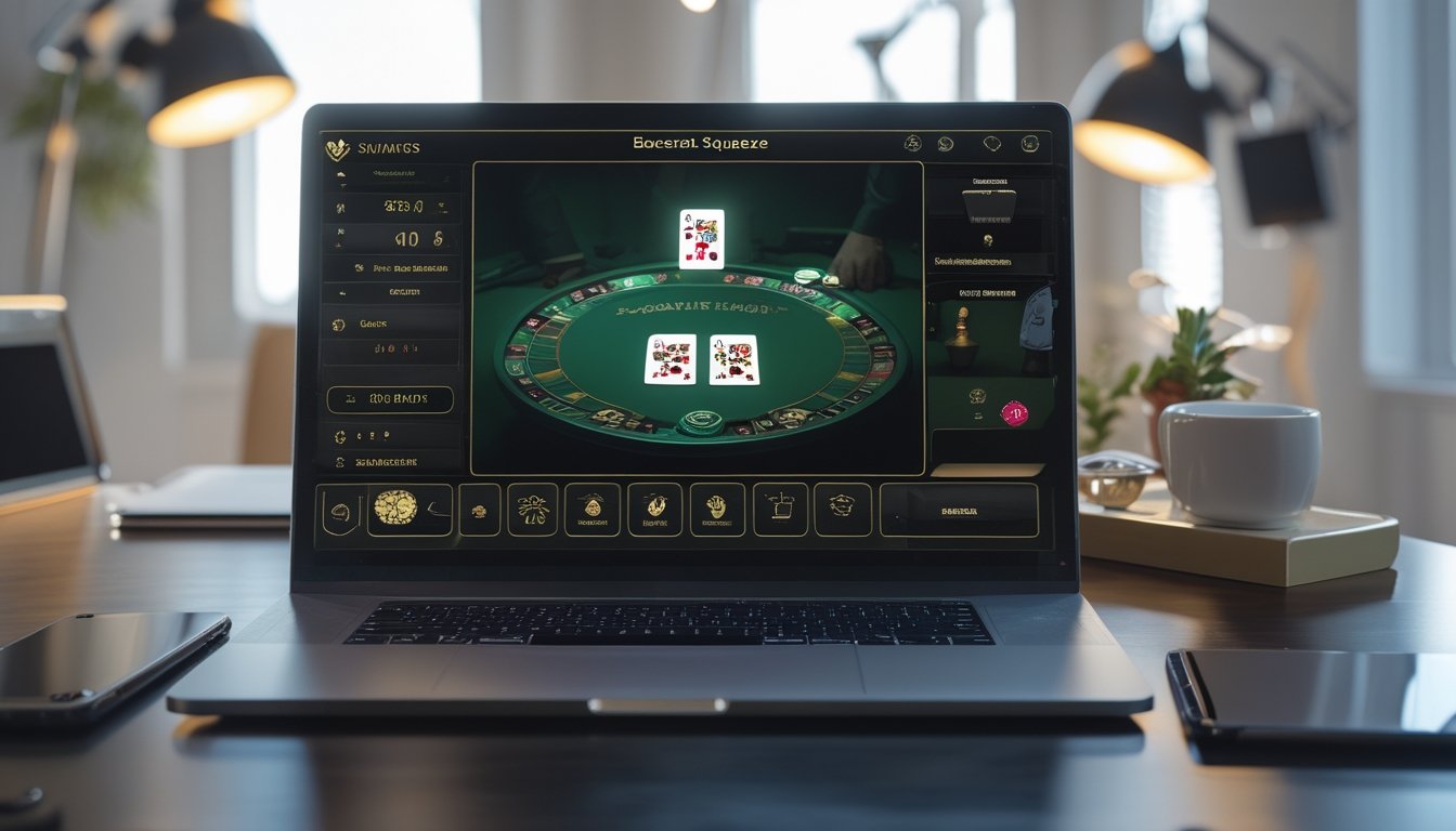 Seorang pemain menggunakan komputer dengan tampilan permainan baccarat online yang sedang berlangsung di layar.