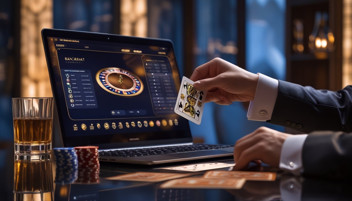 Seorang pemain yang sedang melakukan gerakan squeeze kartu baccarat di depan layar komputer dengan suasana ruangan yang hangat dan mewah.
