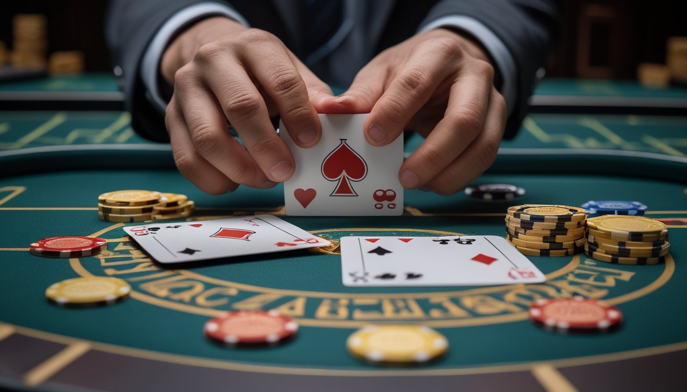 Tangan seseorang sedang memegang dan meremas kartu Baccarat di atas meja kasino dengan chip dan kartu lain di sekitarnya.