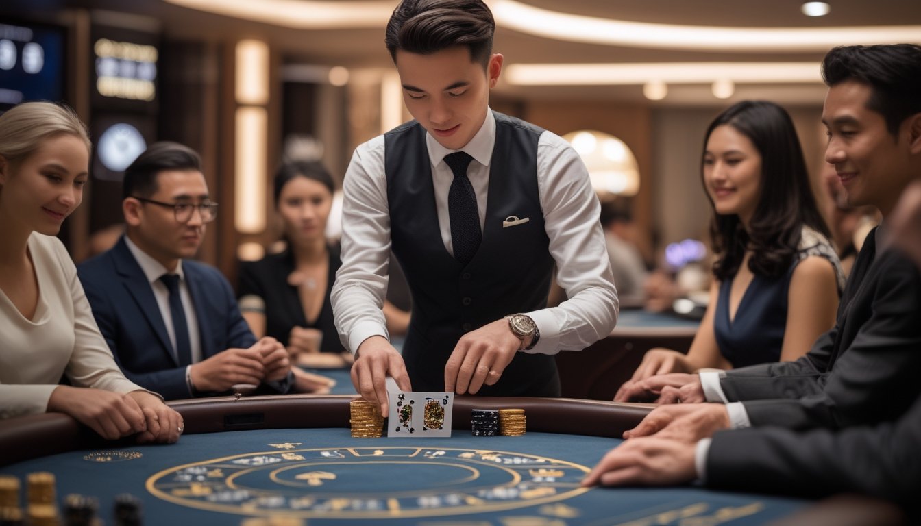 Seorang dealer kartu yang rapi sedang melakukan gerakan squeeze kartu di meja baccarat dengan beberapa pemain yang terlihat puas di latar belakang kasino mewah.