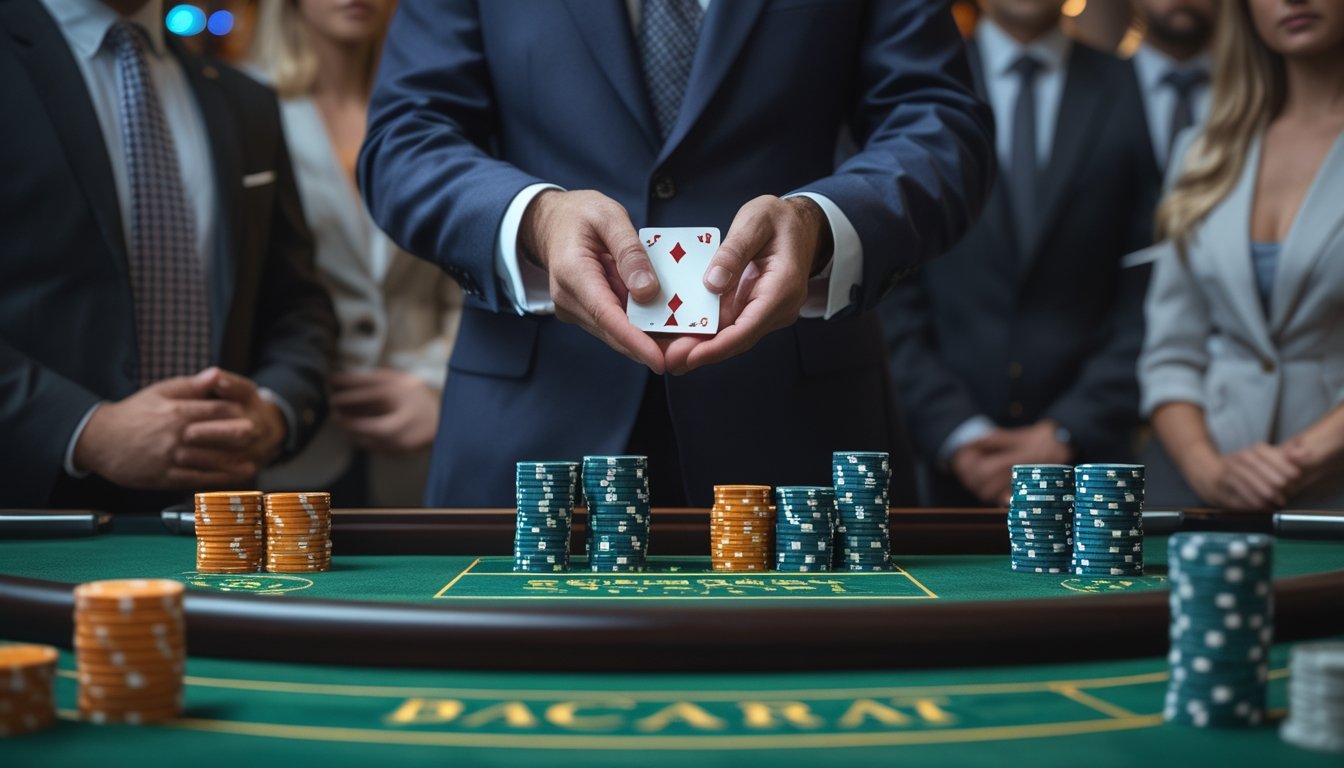 Seorang dealer berjubah rapi sedang melakukan teknik squeeze kartu baccarat di meja permainan dengan pemain yang memperhatikan, suasana kasino yang mewah dan profesional.