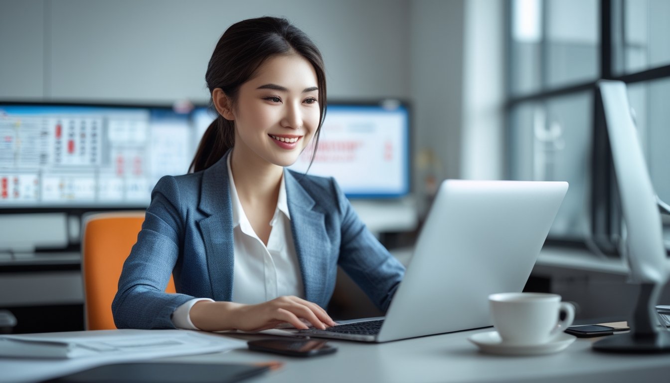 Seorang wanita muda sedang menggunakan laptop di meja kantor modern dengan ekspresi senang saat mendaftar secara online.