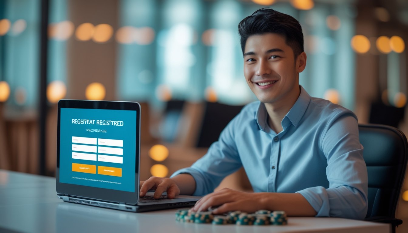 Seseorang sedang duduk di depan laptop mengisi formulir pendaftaran untuk bergabung di Bandar Baccarat Squeeze.