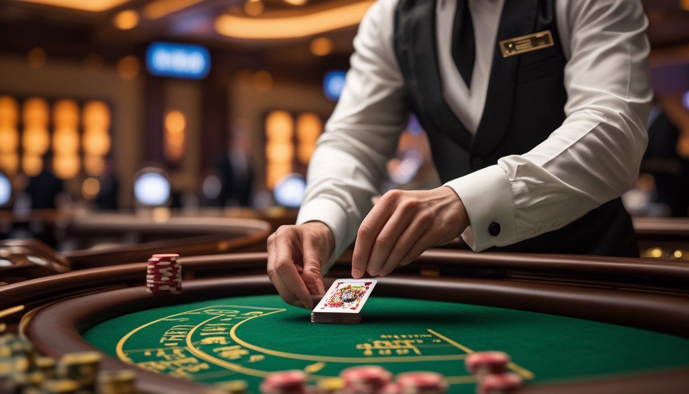 Seorang dealer baccarat sedang melakukan teknik squeeze di meja kasino dengan suasana mewah dan pencahayaan hangat.