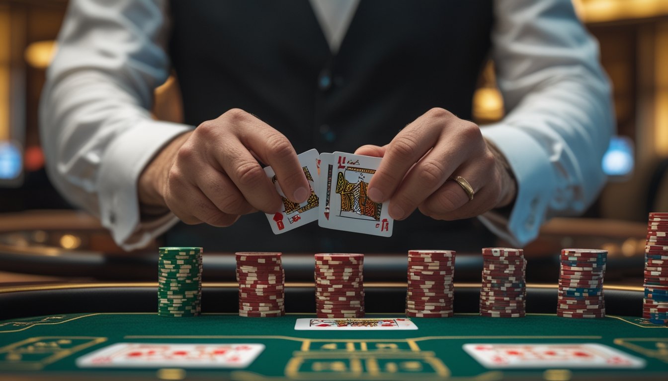 Seorang dealer kasino sedang melakukan gerakan menekan kartu pada permainan Baccarat di meja hijau dengan suasana kasino yang ramai di latar belakang.