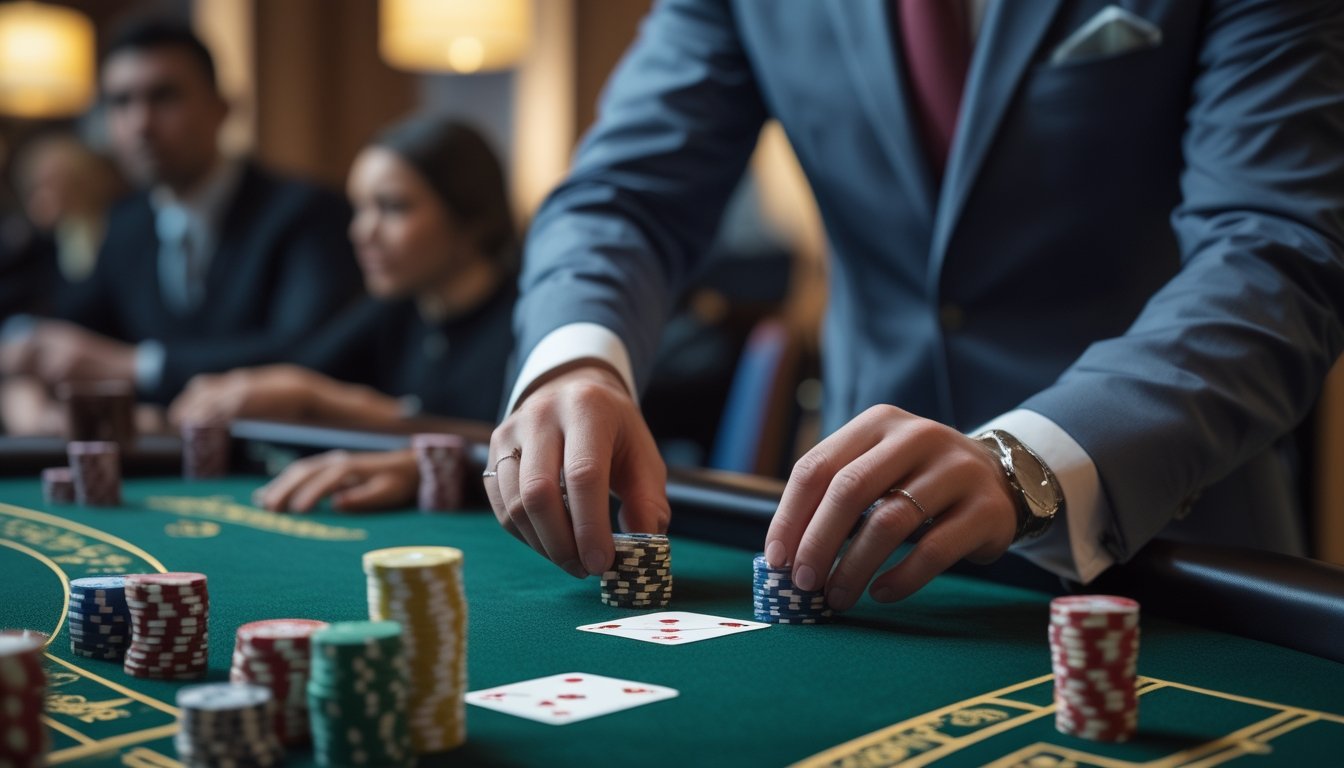 Seorang dealer berjubah rapi sedang membuka kartu baccarat dengan teknik squeeze di meja kasino dengan tumpukan chip dan pemain yang memperhatikan.