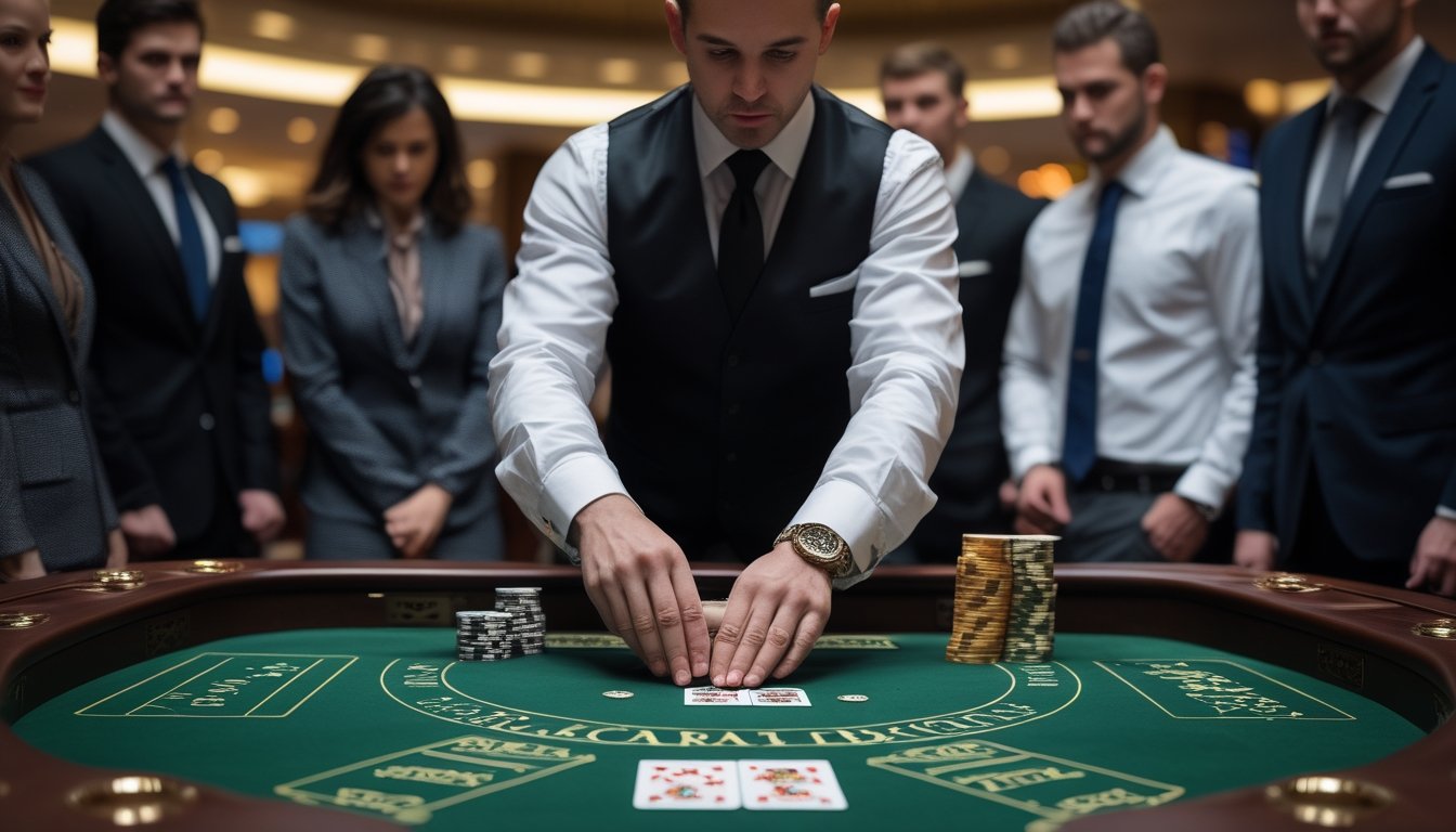 Seorang dealer sedang membuka kartu baccarat dengan hati-hati di meja kasino, dikelilingi oleh pemain yang memperhatikan dengan serius.