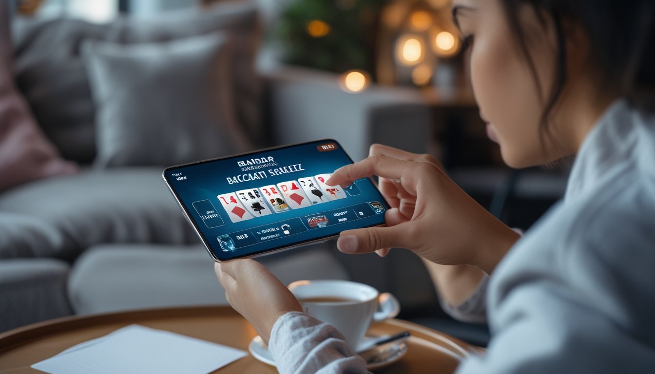 Seseorang sedang bermain Bandar Baccarat Squeeze menggunakan perangkat mobile di lingkungan yang nyaman dan terang.