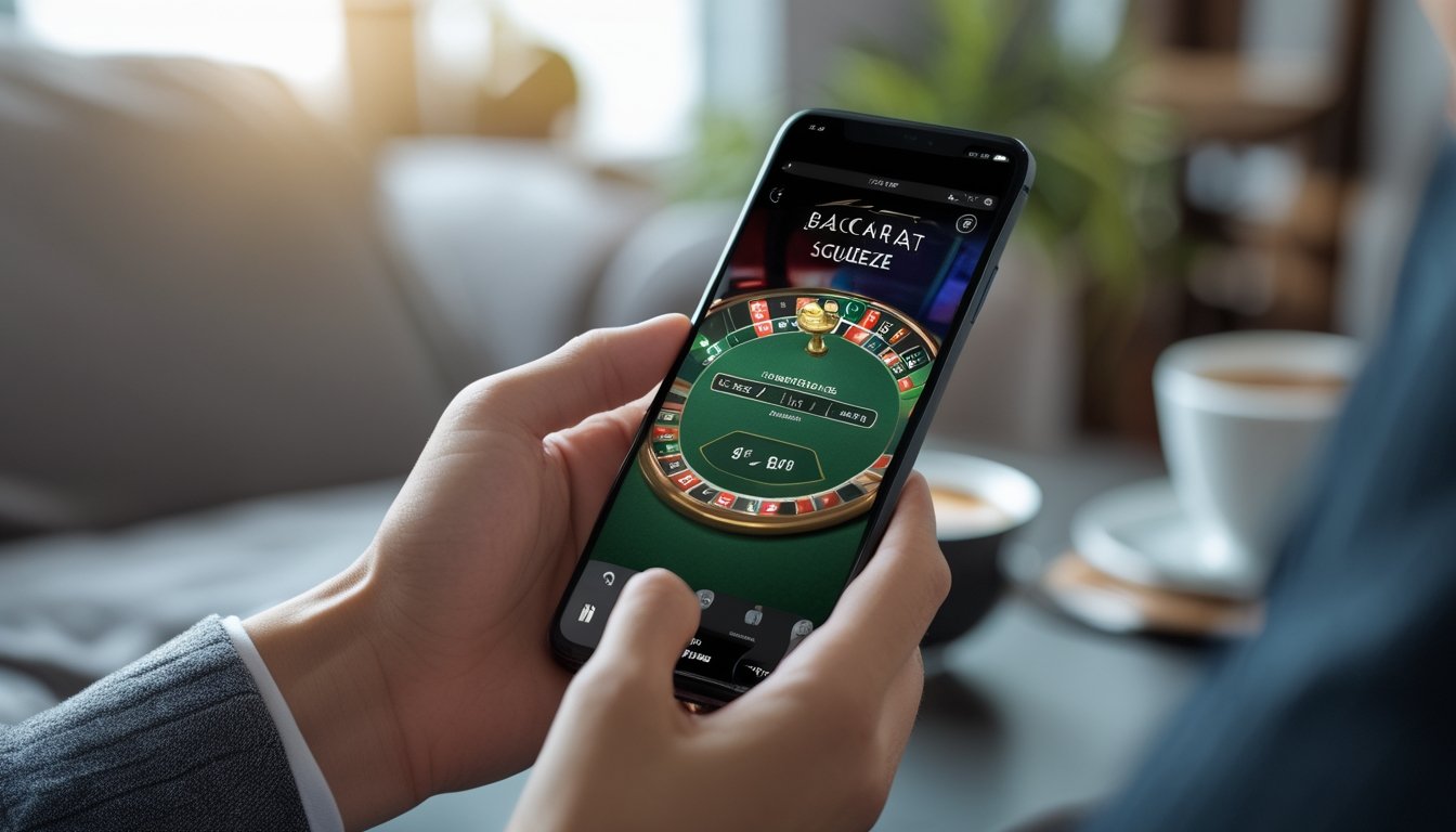 Seseorang memegang ponsel yang menampilkan permainan Baccarat Squeeze di layar dalam suasana ruangan yang nyaman.