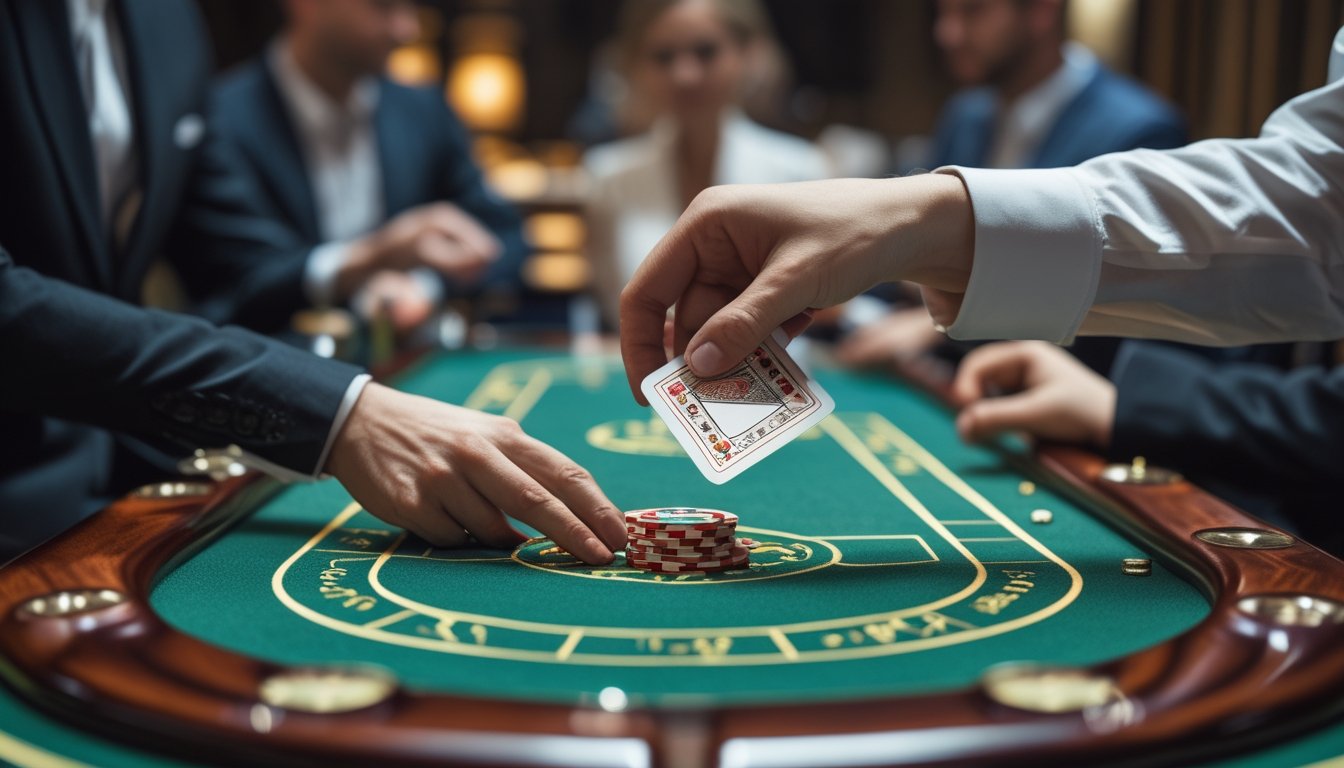 Tangan seorang dealer sedang membuka kartu baccarat di meja permainan dengan pemain yang memperhatikan di latar belakang.