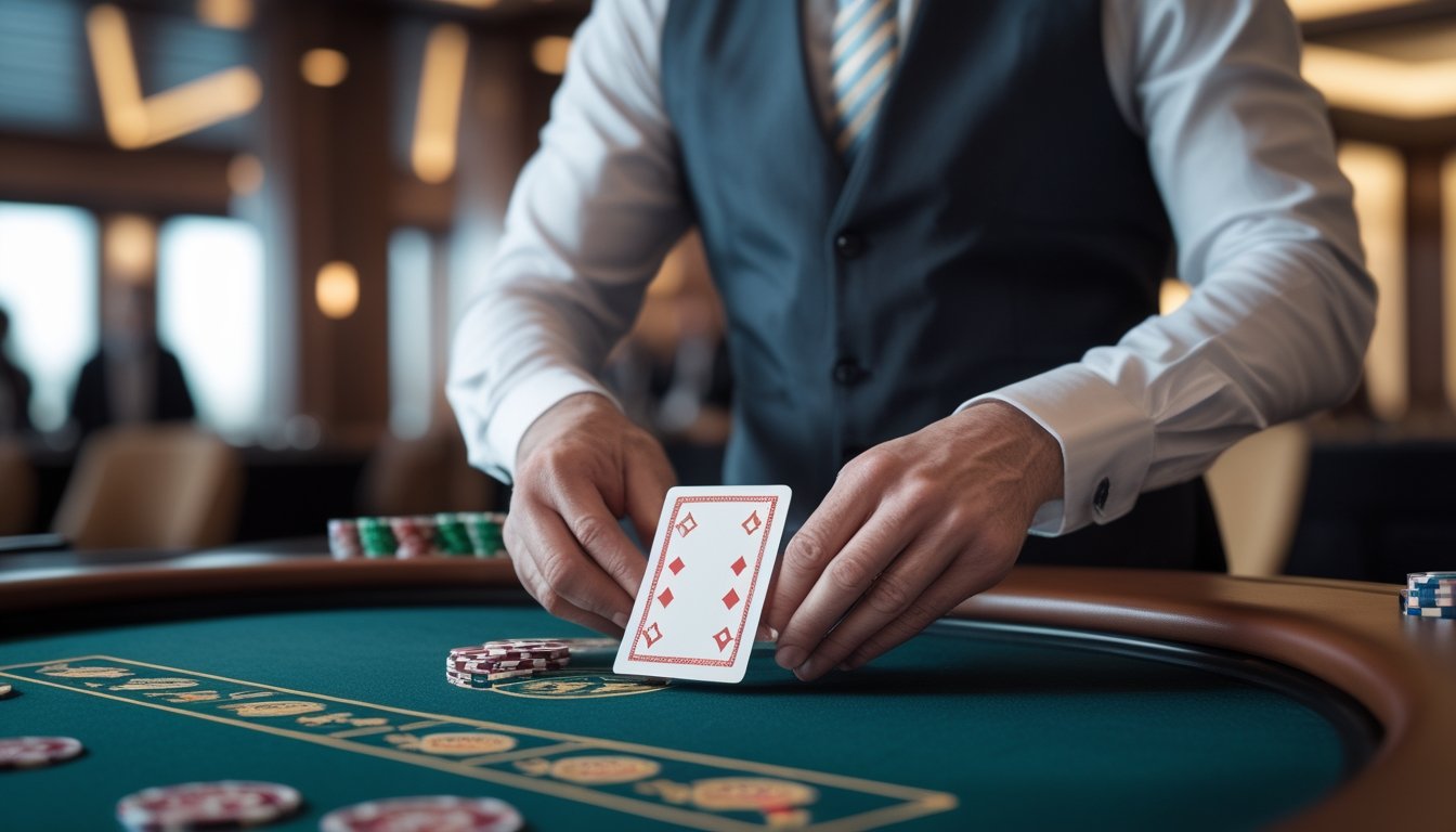 Seorang dealer baccarat yang rapi sedang menangani kartu di meja permainan dengan suasana kasino yang aman dan nyaman.