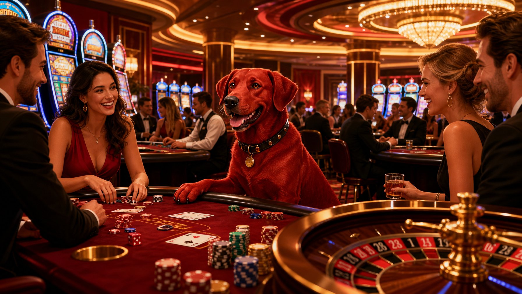 A Red Dog Mascot Standing Confidently On A Casino Floor With Slot Machines, Poker Tables, And Roulette Wheels Surrounded By Chips, Cards, And Dice.