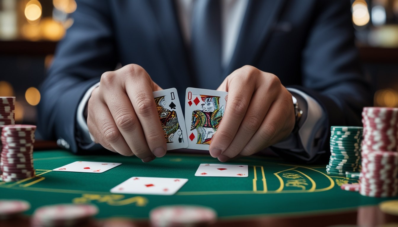 Seorang dealer berjubah rapi sedang melakukan teknik squeeze pada kartu baccarat di meja kasino dengan pencahayaan lembut dan suasana mewah.