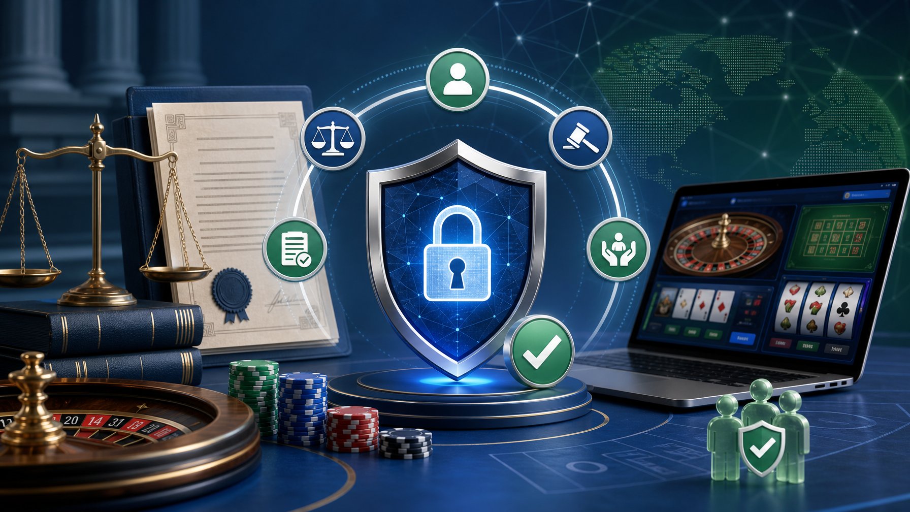 A Digital Casino Scene Showing Symbols Of Security, Regulation And Player Protection Including A Shield, Legal Documents, And Scales Of Justice.