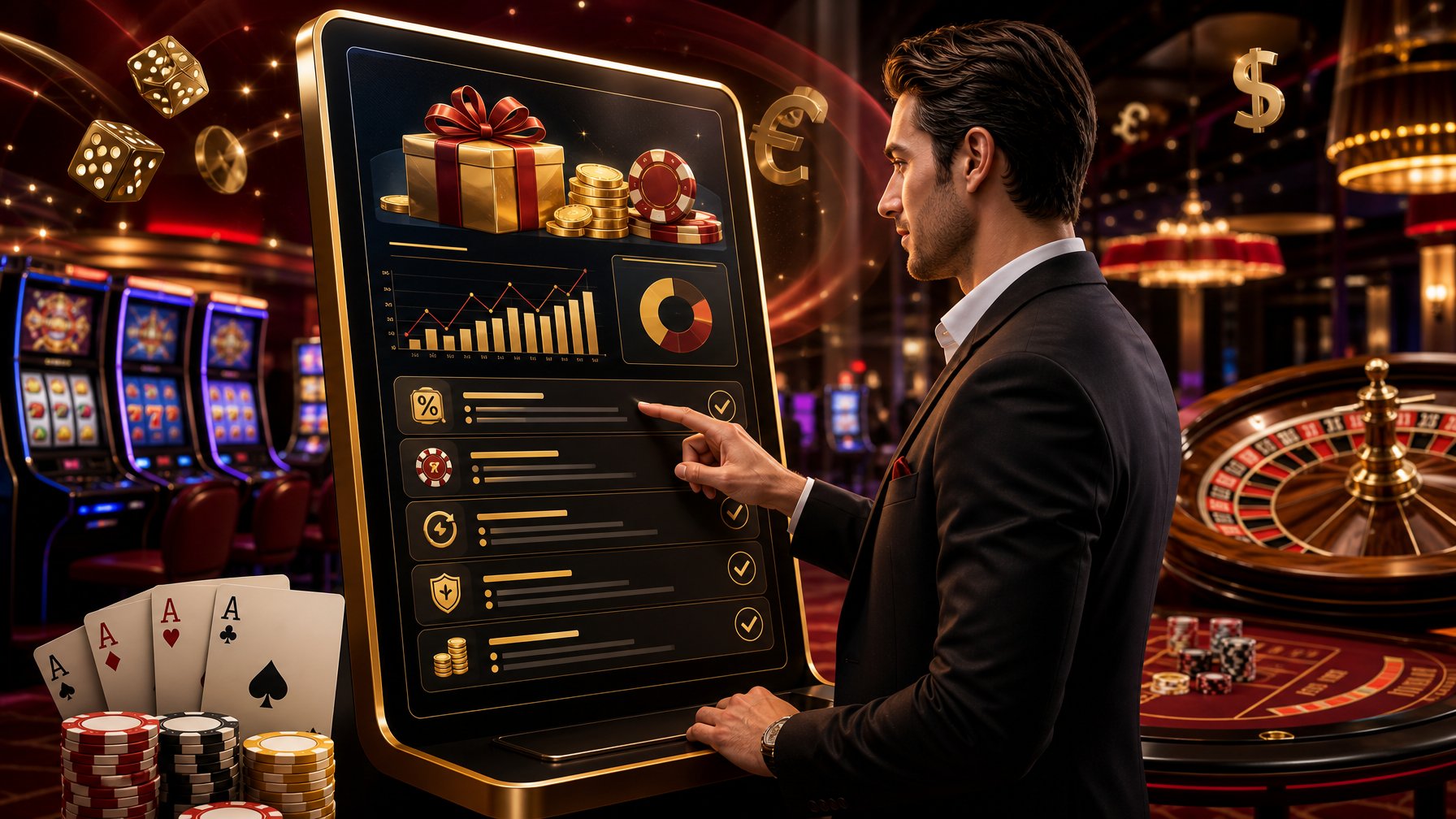 A Person Interacting With A Touchscreen In A Modern Casino Setting Surrounded By Slot Machines, Poker Chips, And Casino Elements.