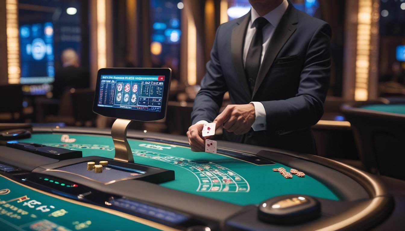 Seorang dealer profesional sedang menangani kartu baccarat di meja permainan mewah dengan layar digital dan suasana kasino yang elegan.