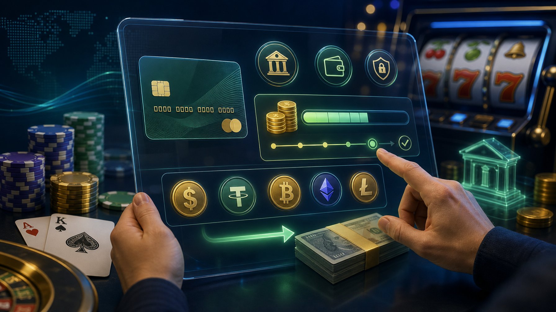 A User Interacting With A Digital Casino Interface Showing Banking Elements, Currency Icons, And Casino Chips In The Background.