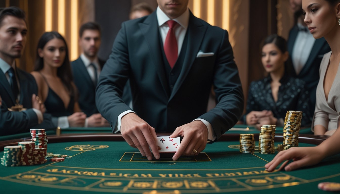 Seorang dealer di meja baccarat sedang membuka kartu dengan perlahan sementara para pemain mengamati dengan fokus di kasino yang mewah.