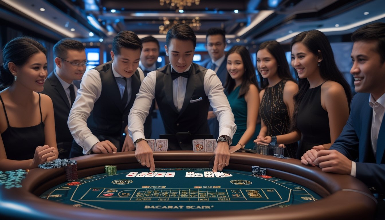 Seorang dealer sedang melakukan teknik squeeze kartu baccarat di meja kasino dengan pemain yang antusias memperhatikan kartu tersebut.