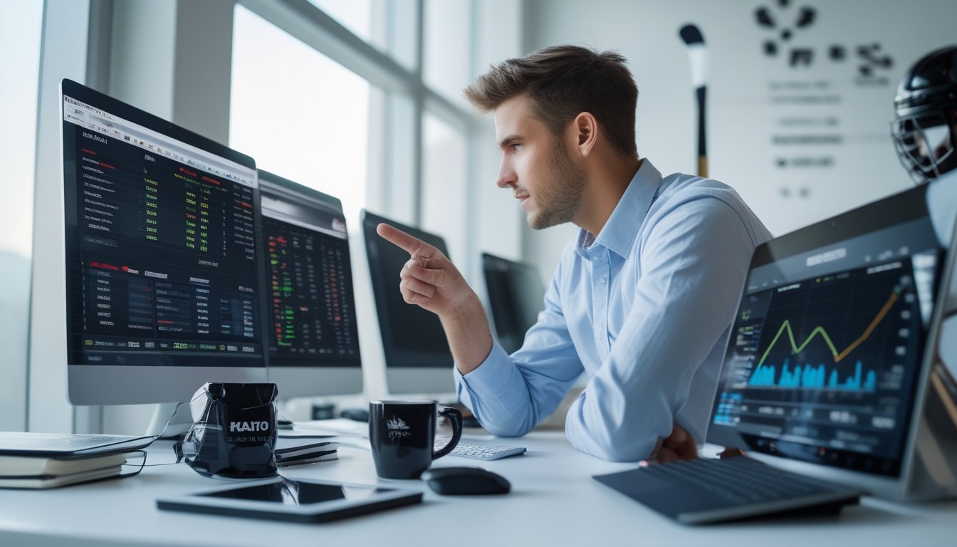 Seorang analis olahraga fokus di meja dengan beberapa monitor yang menampilkan statistik dan strategi taruhan NHL, di ruang kantor yang terang dan rapi.