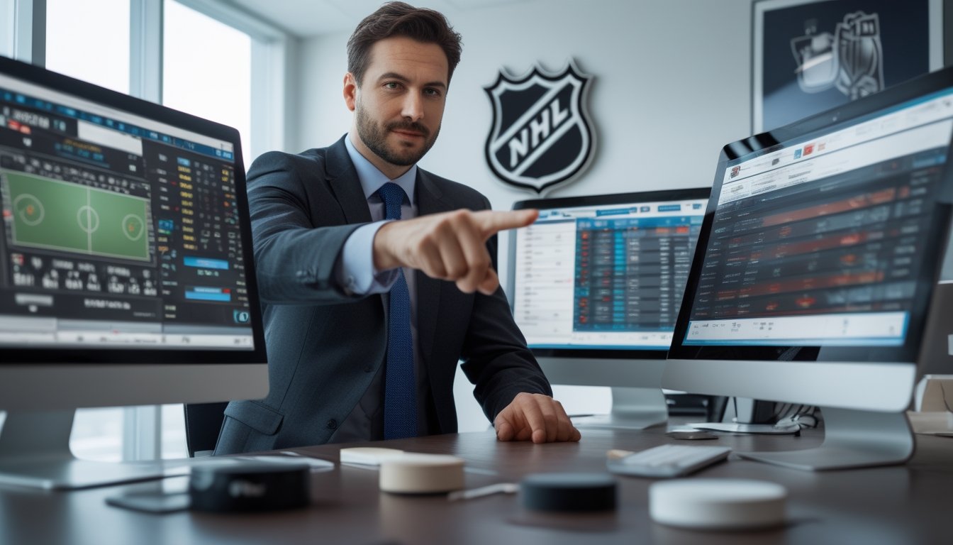 Seorang pria sedang menganalisis strategi taruhan NHL di kantor modern dengan beberapa layar komputer menampilkan statistik dan peluang taruhan.
