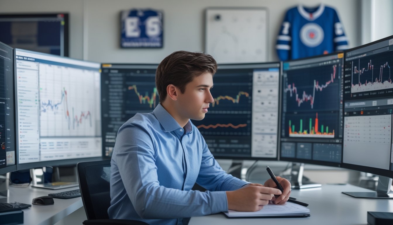 Seorang analis olahraga sedang mempelajari statistik tim NHL di depan beberapa monitor komputer di kantor modern.